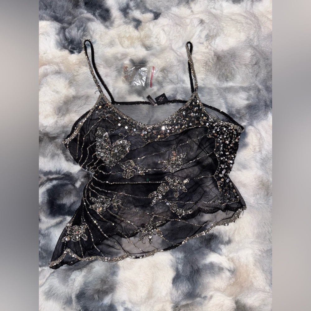 Y2K Asymmetrical Elegant Black and Silver Sequin Women's Top